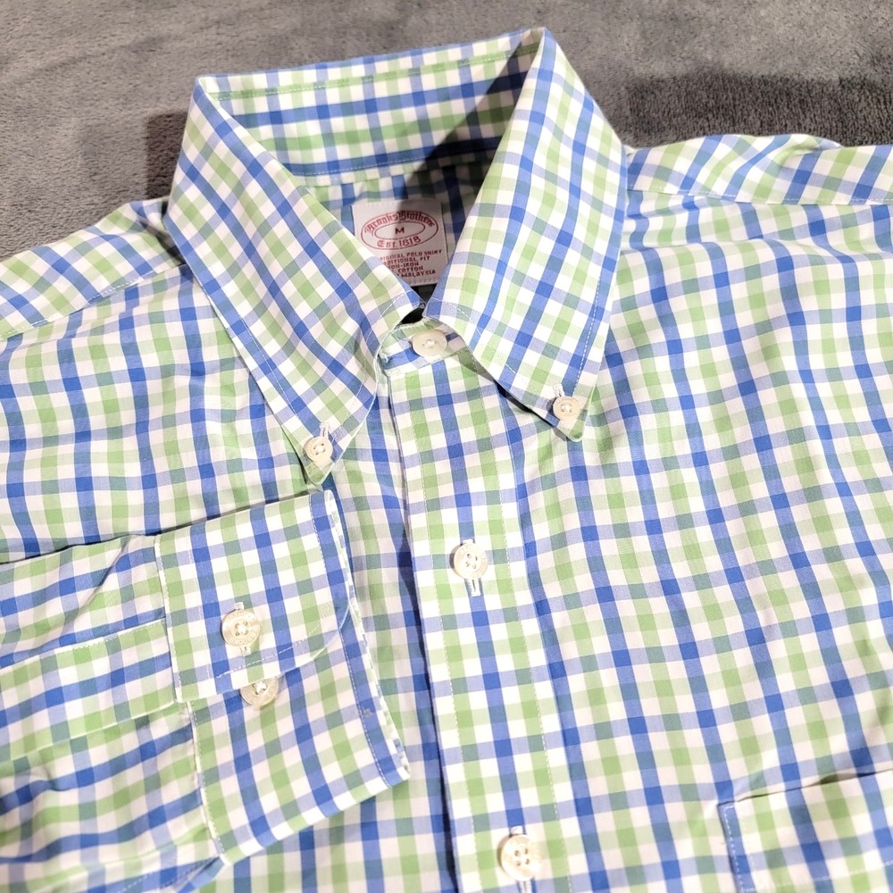 Brooks Brothers Button Down M Gingham Cotton Traditional Fit Blue Green Shirt